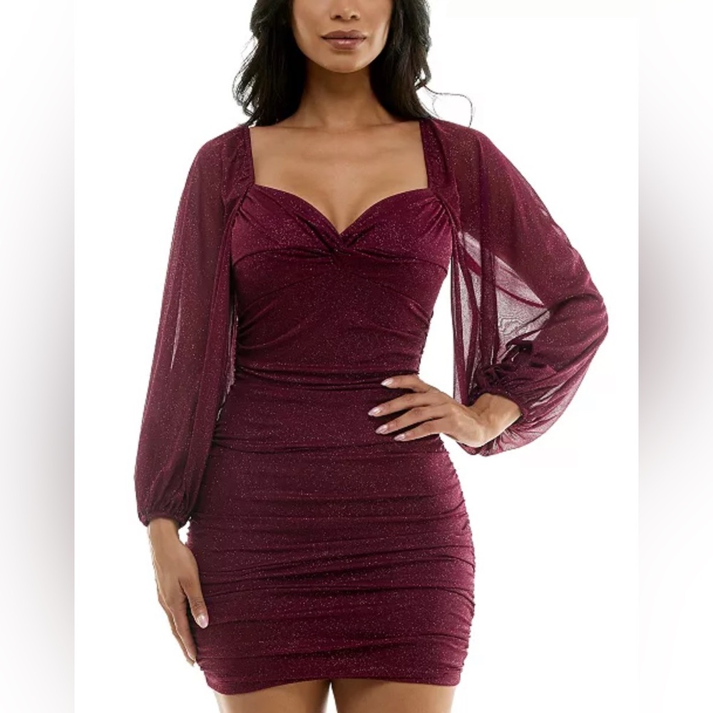 B Darlin Juniors' Burgundy Glittered Bodycon Dress with Sheer Sleeves
